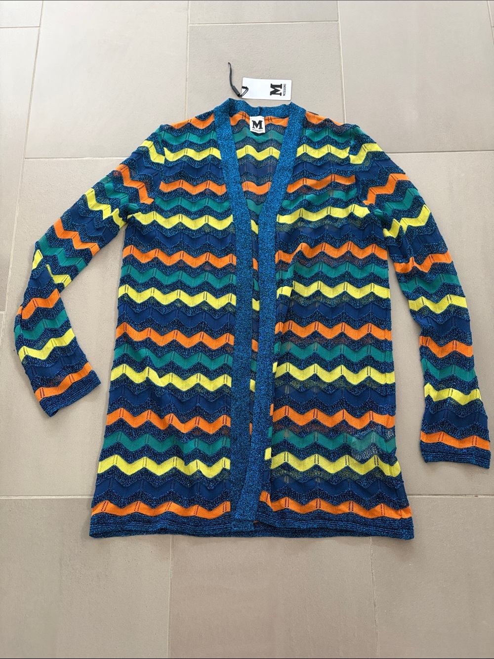 M by Missoni Navy Chevron Open-Front Cardigan with Bright Multi Stripes nwot